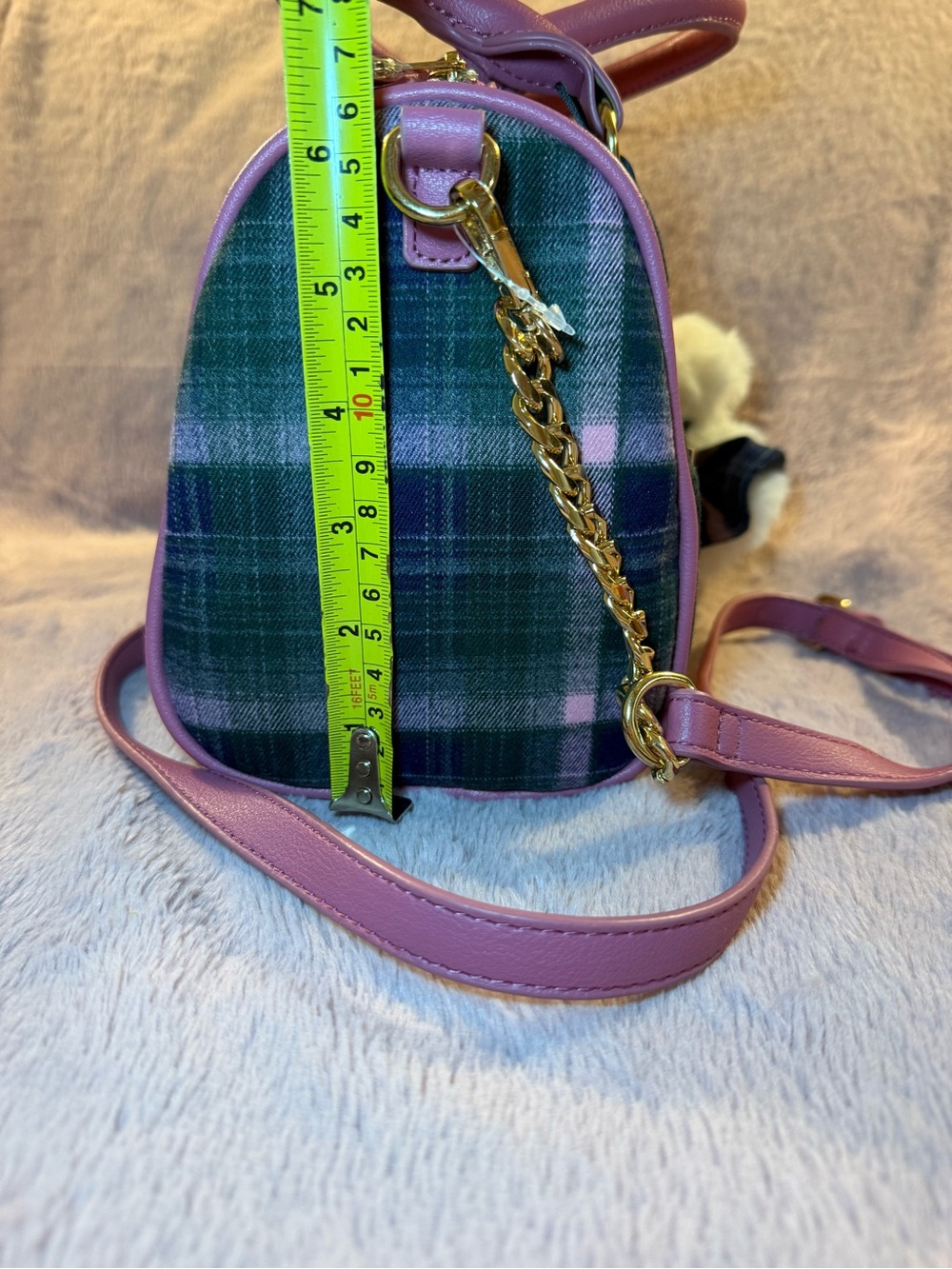 🦩 Juicy Couture Pink Plaid Varsity Satchel Handbag with Plush Charm - Picture 7 of 11